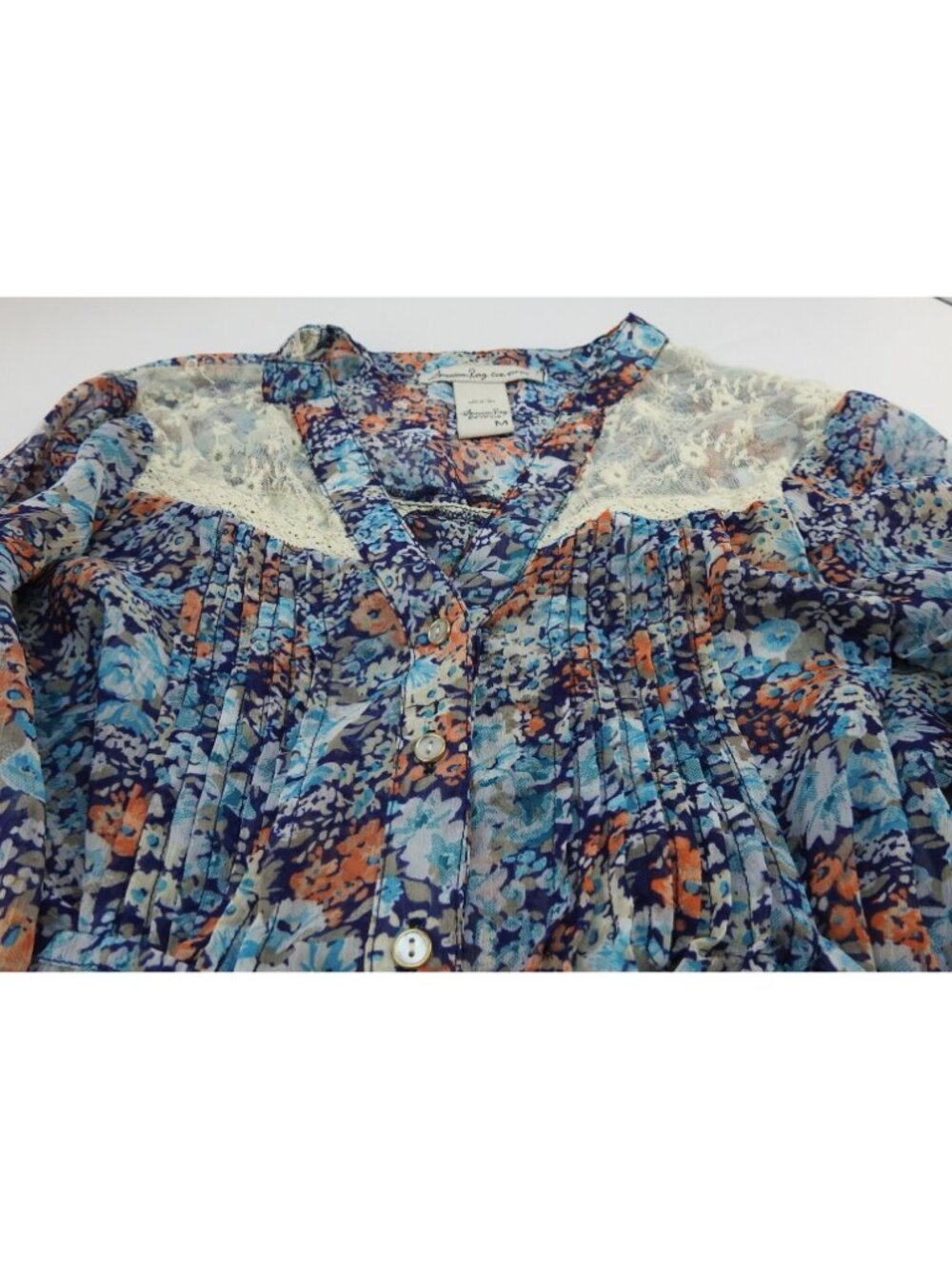 American Rag Cie Entypo Blue Floral Boho Peasant Top Lace Trim Medium - Picture 6 of 9